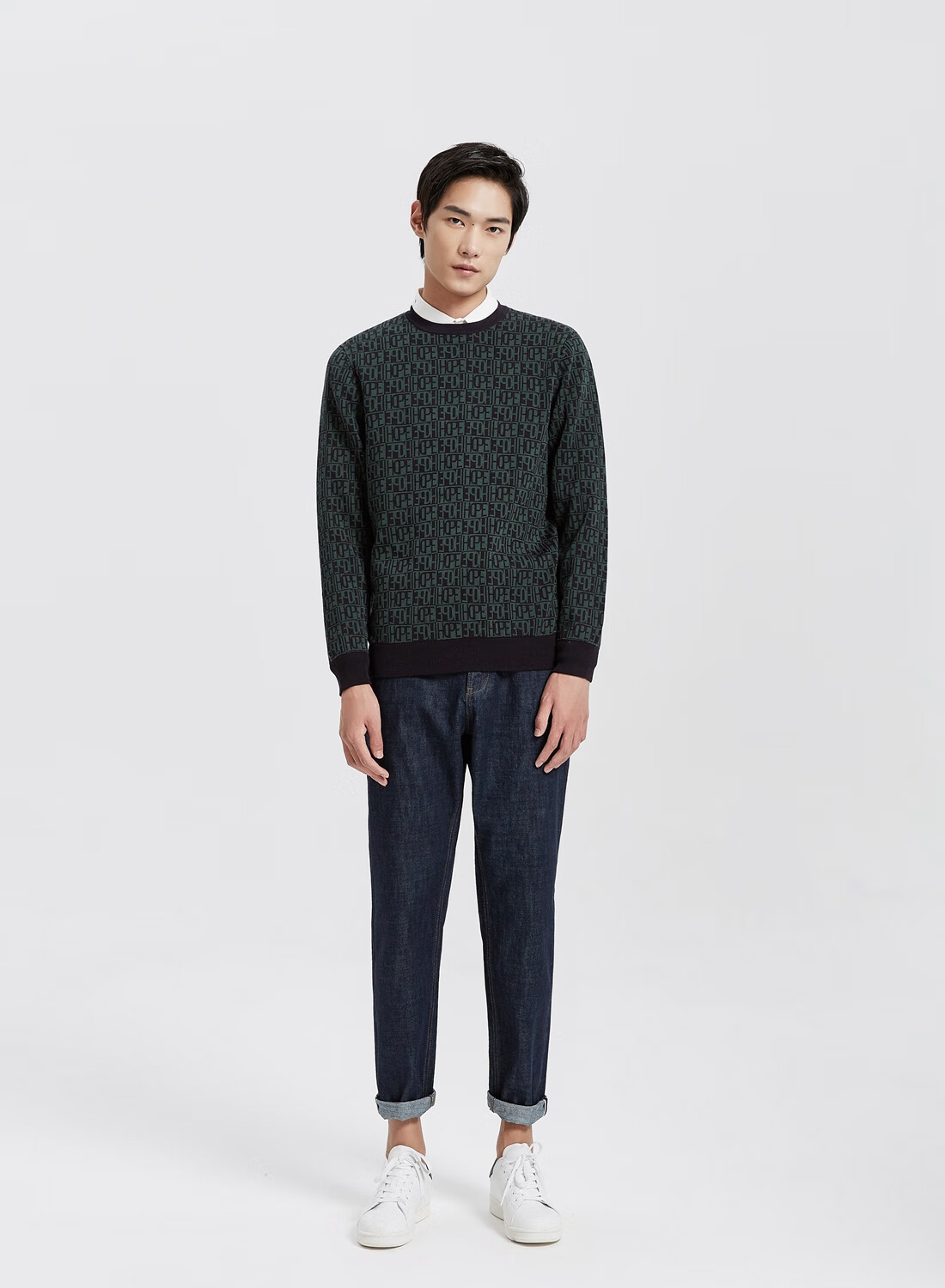 mecity男装字母几何图案印花圆领修身纯棉长袖针织毛衫519126 绿色组