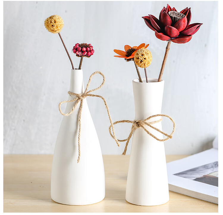北欧简约现代客厅家居创意花瓶花插摆件 白色磨砂麻绳陶瓷花瓶 c款