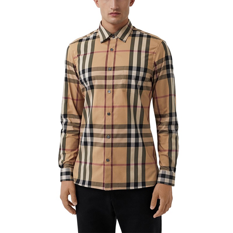 burberry/博柏利男装衬衫 奢侈品巴宝莉经典格纹翻领男士长袖衬衣