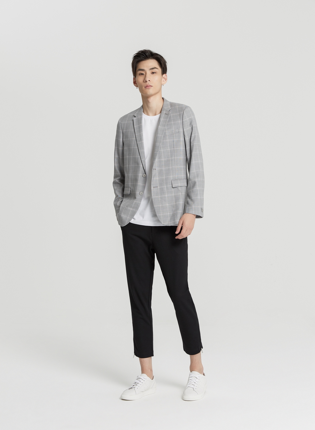 mecity男羊毛天丝千鸟格西装男商务休闲西服外套 536342 灰色组 180