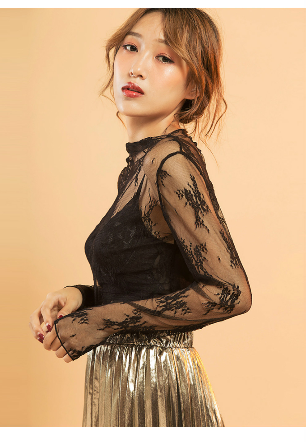 网纱衣打底衫女 2020新款韩版网状蕾丝内搭黑色小性感网格上衣长袖