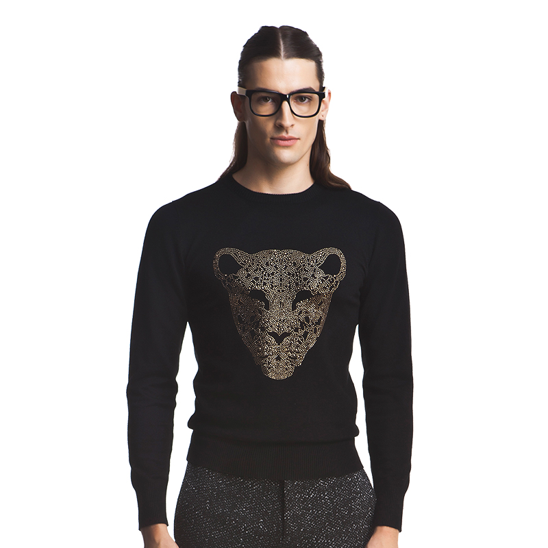 豹子套头圆领薄休闲修身潮毛衣针织衫黑10803 黑色 l【图片 价格 品牌