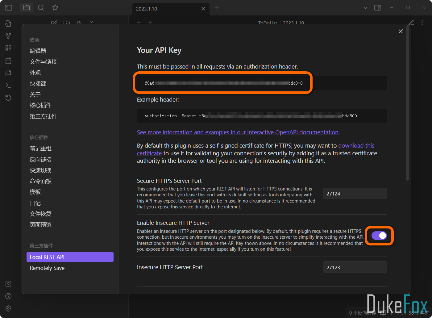 「Local REST API」插件设置